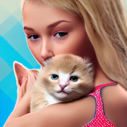 Image similar to photorealistic portrait of blonde young women in bathing suit holding kitten over her head, 3d cgi, photorealistic, cute,