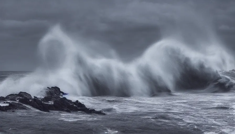 Prompt: photograph of a big incoming wave at brighton pier, dramatic, looming, hyperrealistic