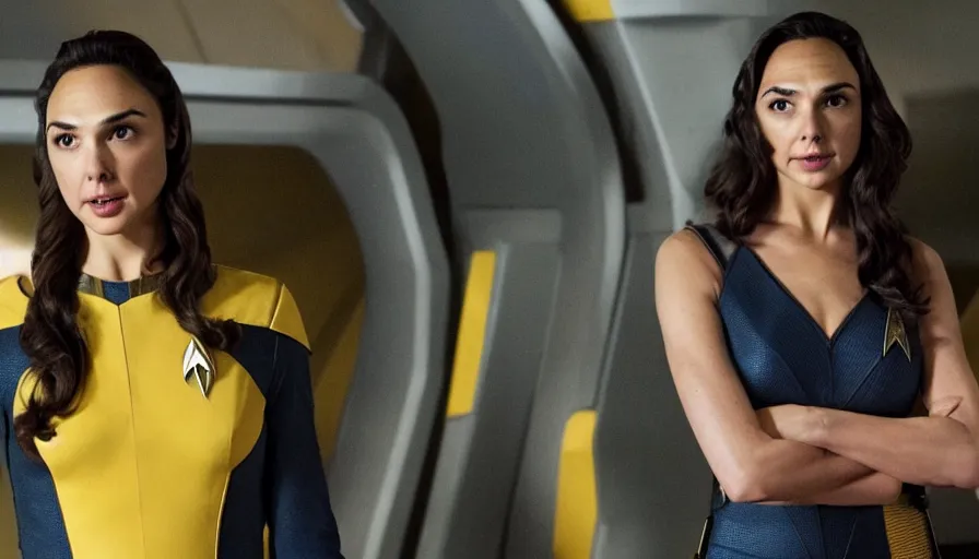 Image similar to Gal Gadot, wearing a yellow uniform, is the captain of the starship Enterprise in the new Star Trek movie