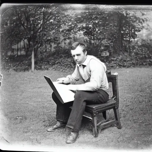 Prompt: Daguerreotype photo of a man from the 1800s sitting in a park working on a laptop computer