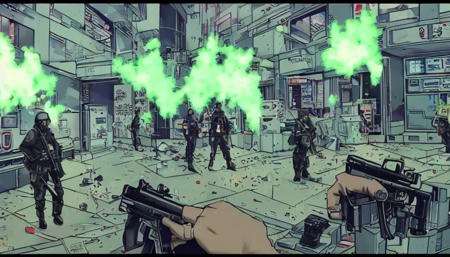 Image similar to 1994 Video Game Screenshot, Anime Neo-tokyo Cyborg bank robbers vs police, Set inside of the Bank Lobby, Multiplayer set-piece in bank lobby :9, Police officers under heavy fire, Police Calling for back up, Bullet Holes and Blood Splatter, :6 Smoke Grenades, Riot Shields, Large Caliber Sniper Fire, Chaos, Anime Cyberpunk, Anime Bullet VFX, Machine Gun Fire, Violent Gun Action, Shootout, Escape From Tarkov, Intruder, Payday 2, 8k :4 by Katsuhiro Otomo: 9