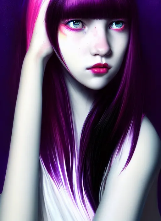 Image similar to portrait of teenage girl with white bangs, red irises, black hair, purple clothes, white bangs, bangs are different color from hair, intricate, front of hair is white rest is black, elegant, glowing lights, highly detailed, digital painting, artstation, concept art, smooth, sharp focus, illustration, art by wlop, mars ravelo and greg rutkowski