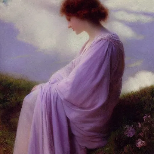 Prompt: A beautiful body art of a castle in the clouds. pale violet by Thomas Benjamin Kennington turbulent, harrowing