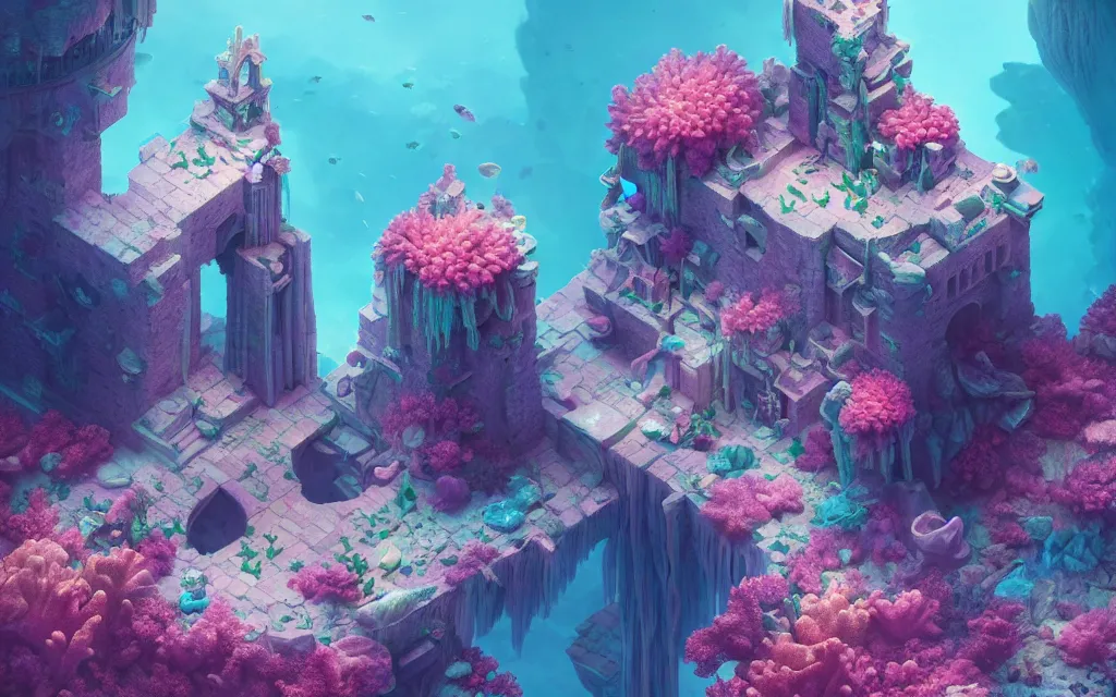 Image similar to stone castle in a coral reef by charlie bowater and anna dittmann and artgerm and clemens ascher, intricate, elegant, pink and blue and green mist, highly detailed, dramatic lighting, sharp focus, octane render, trending on artstation, artstationhd, artstationhq, unreal engine, 4 k, 8 k