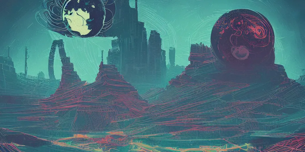 Image similar to a lovecraftian cinematic isograph print of a aetherpunk planet by alena aenami in the style of art - deco art, very, very aesthetic