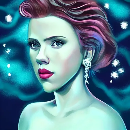 Image similar to “Scarlett Johansson portrait, fantasy, mermaid, cartoon, pearls, glowing hair, ”