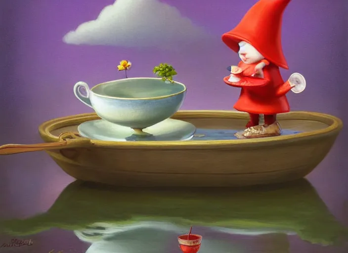 Image similar to a garden gnome sailing in a teacup, whimsical background of a reflective pond on a sunny day with dramatic clouds, an ultrafine detailed painting by mark ryden, trending on deviantart, pop surrealism, whimsical, lowbrow, joyous, perfect cute face