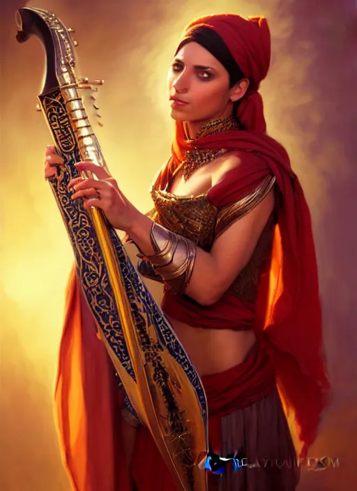 Image similar to a _ fantasy _ style _ portrait _ painting _ of arabian female charismatic bard playing instrument, rpg dnd oil _ painting _ unreal _ 5 _ daz. _ rpg _ portrait _ extremely _ detailed _ artgerm _ greg _ rutkowski _ greg