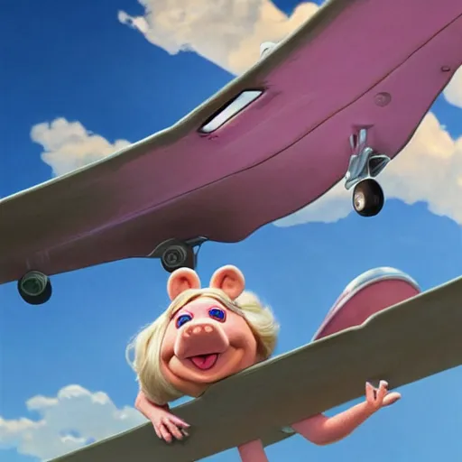 Image similar to cute miss piggy mupett piloting elias ec - 1 aircoupe plane, action shot, highly detailed, photorealistic, octane render, 8 k, unreal engine. art by artgerm and greg rutkowski and alphonse mucha