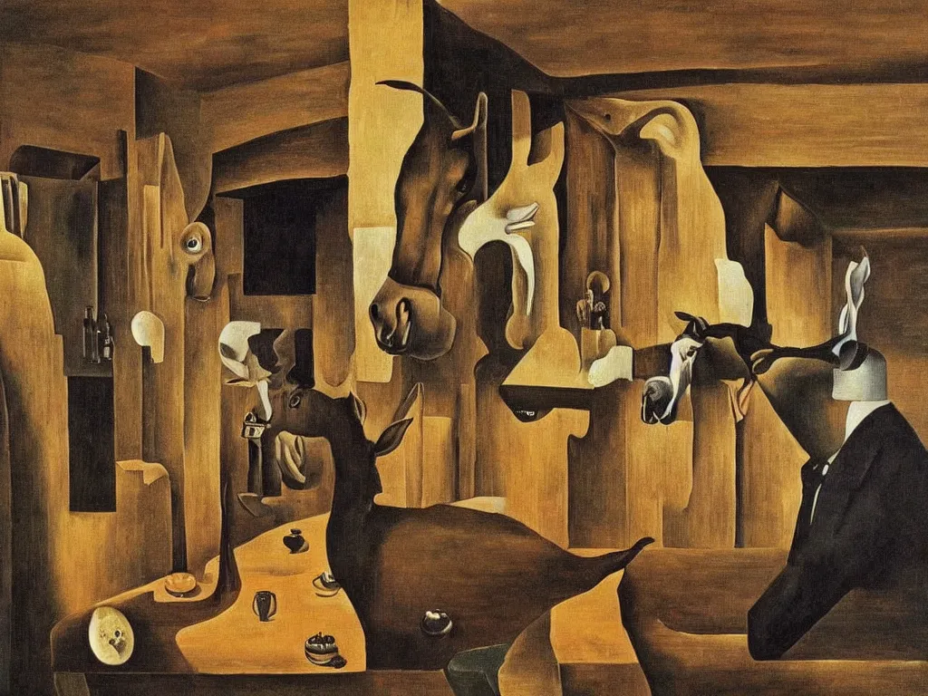 Prompt: a mule in the a rustic bar, by Salvador Dali, by Rene Magritte, award winning, amazing resolution.