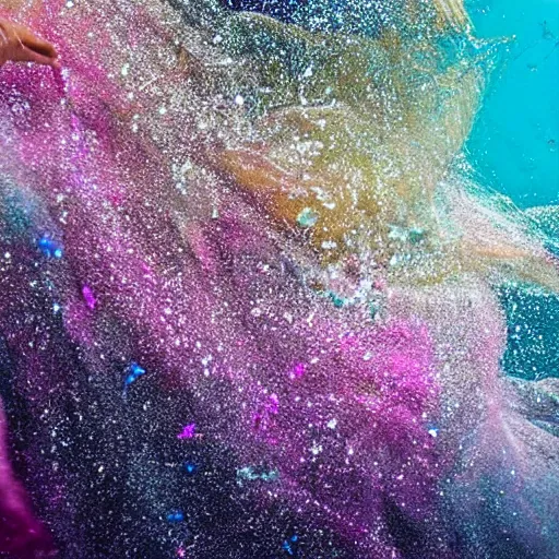 Prompt: glitter and painting mixing underwater turbulence, macro-photography, slow-motion capture