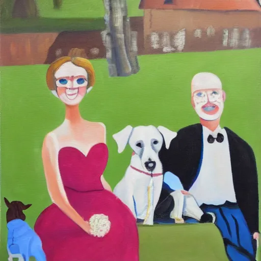 Image similar to a painting of a couple that has just been married, with their little dog beside them on a beautiful sunny day