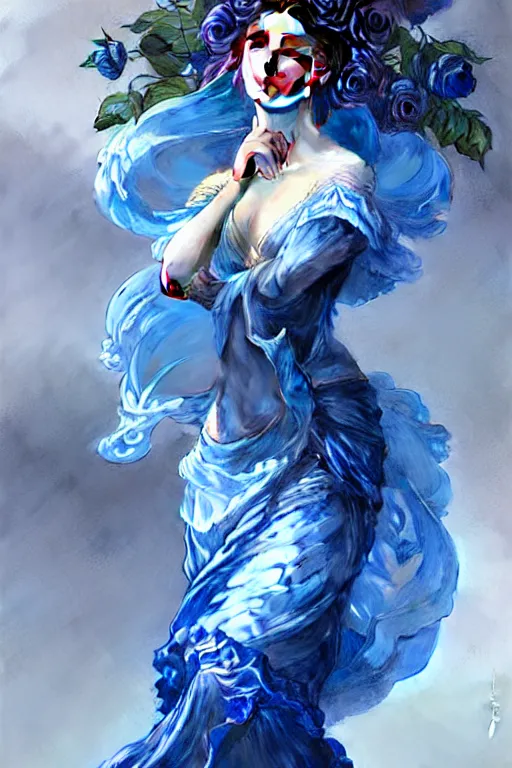 Prompt: woman dressed in a vaporous wrapped large victorian blue roses silk semi-transparent dress fashion is running D&D, fantasy, intricate, elegant, highly detailed, digital painting, artstation, concept art, matte, sharp focus, illustration, art by Artgerm and Greg Rutkowski and Alphonse Mucha