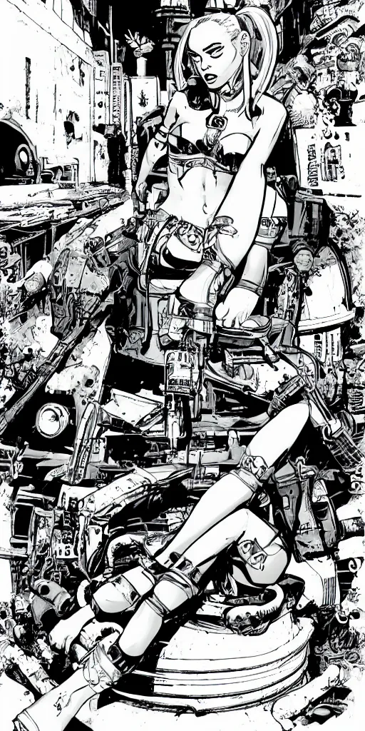 Prompt: single tank girl sitting on top of the tank. comic book style. illustration. marvel. print. high details.