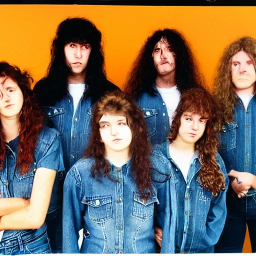 Image similar to group of 1 9 - year - old girls with shaggy wavy hair, wearing double denim, heavy metal band promo, doom metal band promo, stoner rock band promo, heavy rock band promo photo, 1 9 8 9 photo