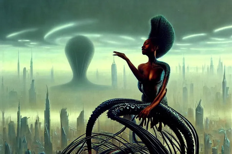 Image similar to realistic detailed portrait movie shot of a beautiful black woman riding a giant spider, dystopian city landscape background by denis villeneuve, amano, yves tanguy, alphonse mucha, max ernst, ernst haeckel, kehinde wiley, caravaggio, david lynch, roger dean, cyber necklace, rich moody colours, sci fi patterns, dramatic, wide angle