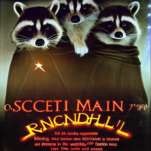 Prompt: 1 9 8 0's award winning sci - fi movie, a group of raccoons wearing dark cult robes look towards the camera in surprise and anger as they perform a dark occult evil ceremony inside the secret lair of an underground mystery cult, dramatic candlelight, pentagrams, ultra - detailed, photorealistic, 4 k