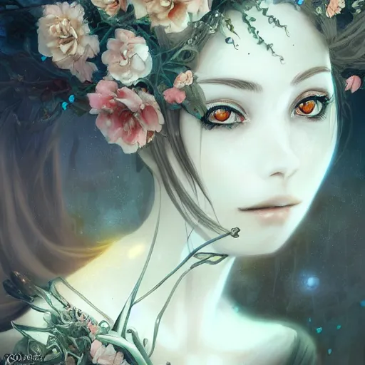 Prompt: stunning anime goddess part skeleton of the floral river flowers, kissing her king in a dark romance, misty, by cgsociety, in the style of charlie bowater, tom bagshaw, intricate, beautiful, artstation 8 k, high resolution