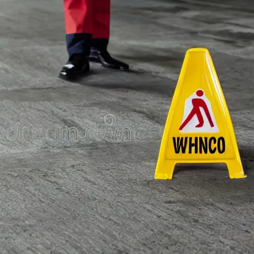 Image similar to OHS WHS occupational health safety workplace safety, text poster, warning, danger, lone worker tripping, hard hat, office stock image style