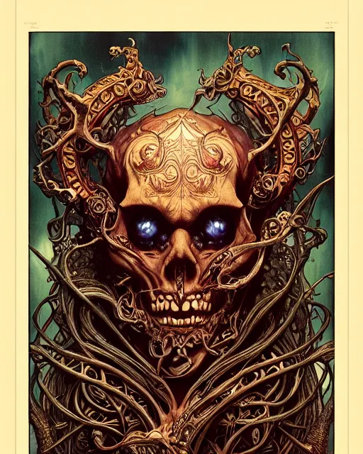 Image similar to perfectly centered portrait front view of a angry dead rotten beautiful daemon skull growing ornamentation all around, ornate, ornaments, detailed, symmetrical, elegant, beautifully soft lit, by wayne barlowe, peter mohrbacher, kelly mckernan, alphonse mucha