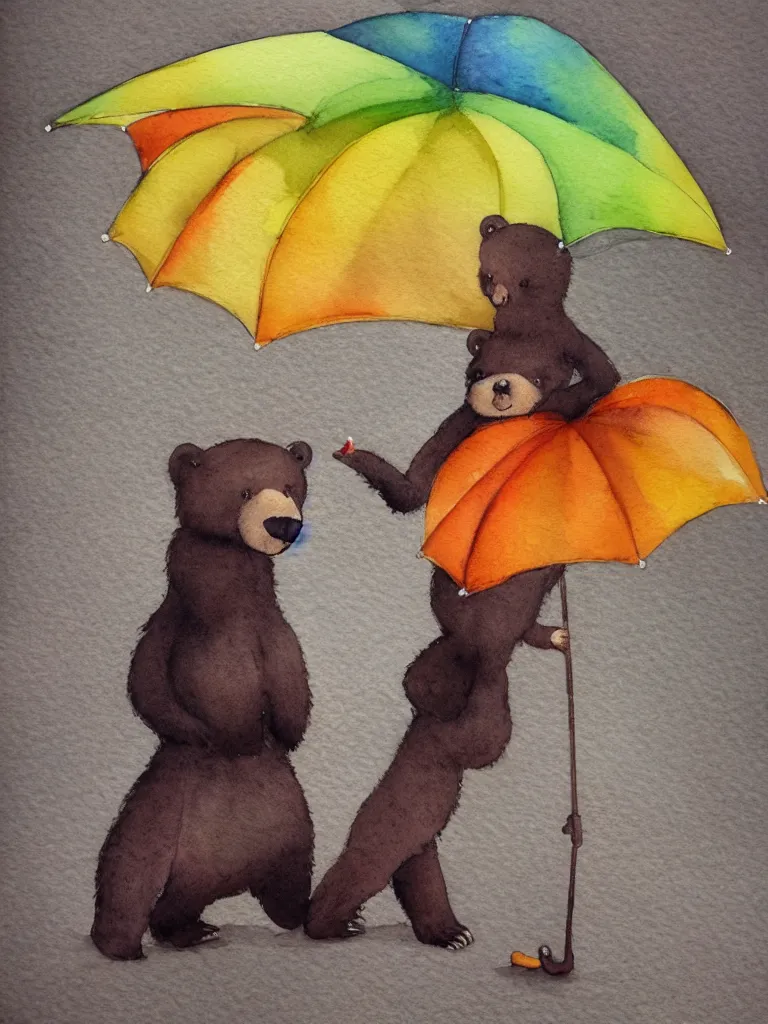 Prompt: autumn a bear with an umbrella watercolor by arti chauhan trending on artstation