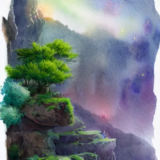 Image similar to beautiful lush natural scene on another planets cliffs, with interesting creatures. different than earth but beautiful. lightfall. beautiful detailed artistic watercolor 8 k hd. trending on artstation and deviantart.