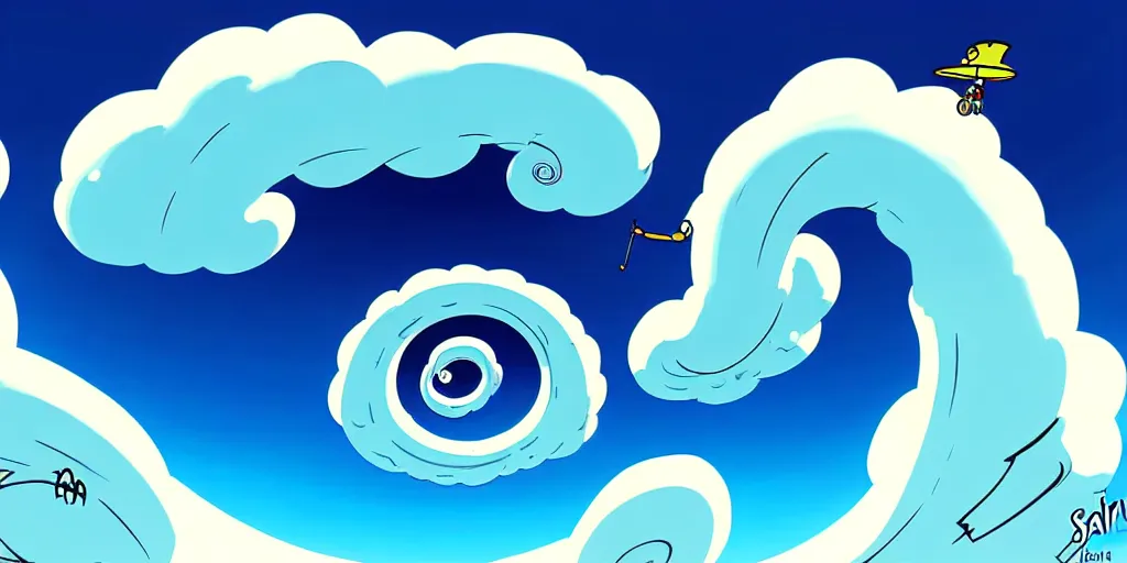 Prompt: cartoon concept art, clean blue sky, spiral clouds, from sam and max, from the hortons