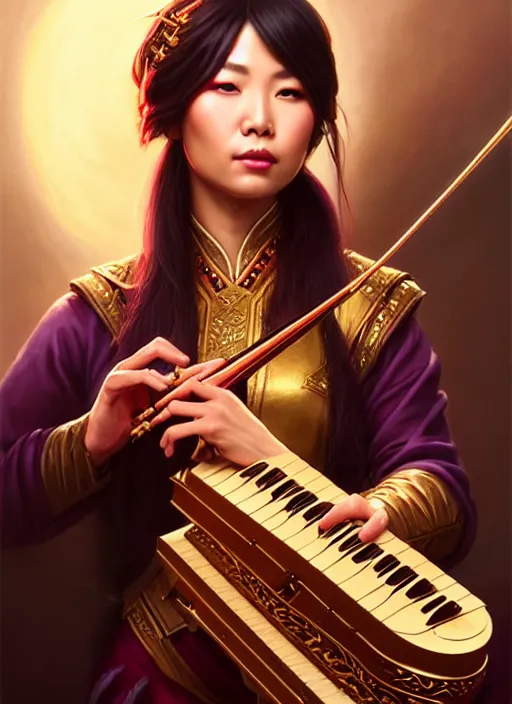 Prompt: a _ fantasy _ style _ portrait _ painting _ of asian female charismatic bard playing instrument, rpg dnd oil _ painting _ unreal _ 5 _ daz. _ rpg _ portrait _ extremely _ detailed _ artgerm _ greg _ rutkowski _ greg