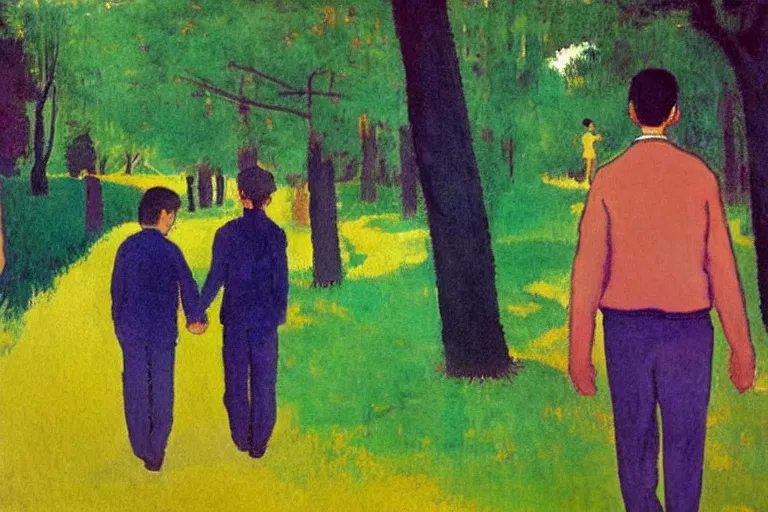 Image similar to a very tall man with dark hair holding the hands of a short young boy with dark hair as they walk down a suburban highway on a bright beautiful colorful day. part in the style of an edgar degas painting. part in the style of david hockney