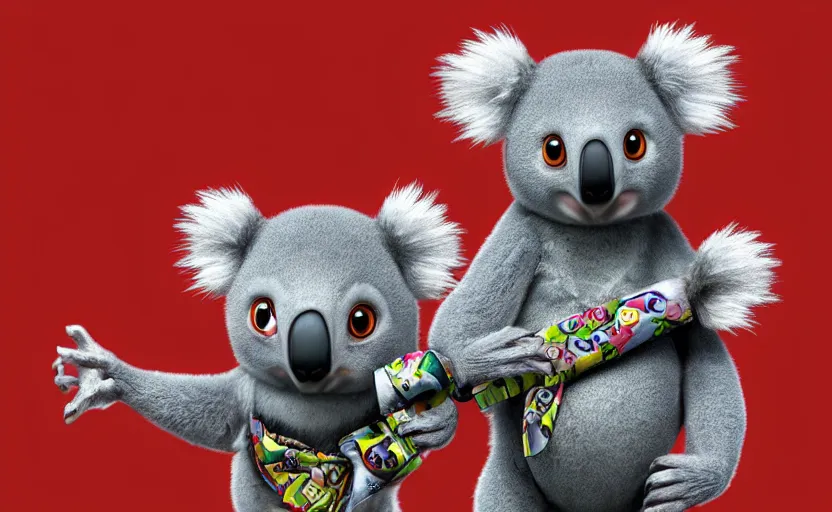 Prompt: “ cute koala with very big eyes, wearing a bandana and chain, holding a laser gun, standing on a desk, digital art, award winning, in the style of the movie madagascar ”