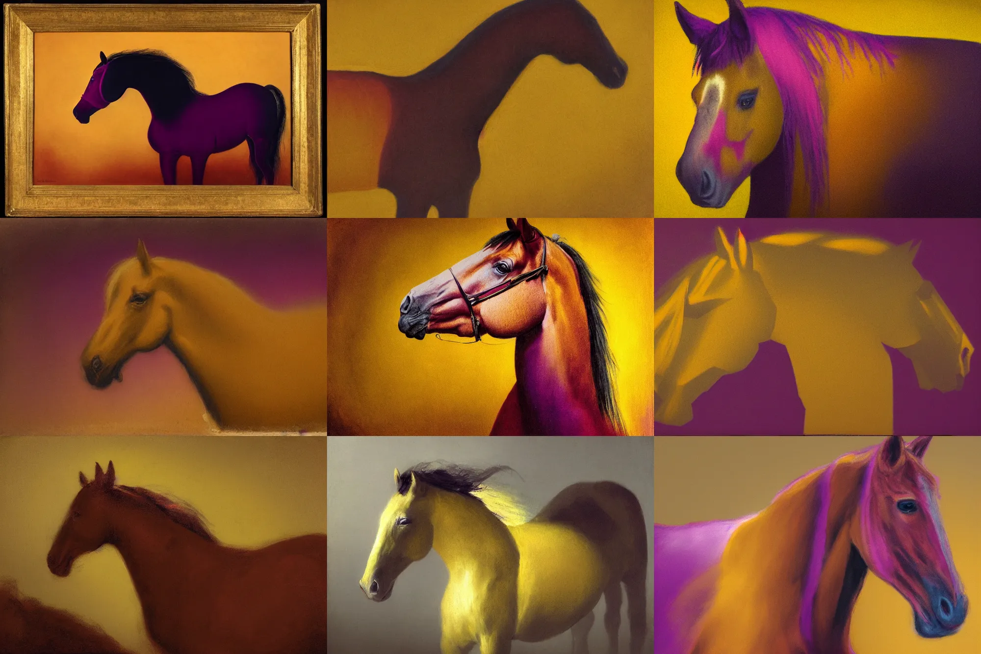 Prompt: tonalist portrait of diaphanous horse - faced monster, yellow ochre and quinacridone magenta, hard lighting, edge lighting, atmospheric, ambient occlusion, subsurface scattering, dust
