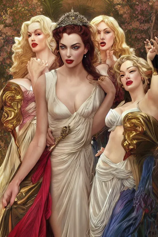 Image similar to ultra realistic illustration, a stunningly beautiful greek goddess of chaos played by marilyn monroe and christina hendricks and margot robbie and taylor swift and megan fox and emma stone and britney spears, intricate, elegant, highly detailed, digital painting, artstation, concept art, smooth, sharp focus, illustration, art by artgerm and greg rutkowski and alphonse mucha