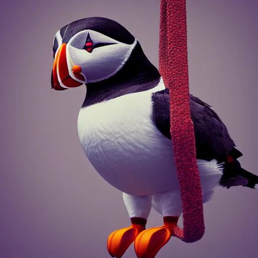 Prompt: puffin in a swing, concept art, cgsociety, octane render, trending on artstation, artstationHD, artstationHQ, unreal engine, 4k, 8k --height 768