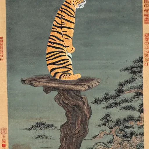 Image similar to a mighty tiger standing on a wooden log over the water, Chinese Art