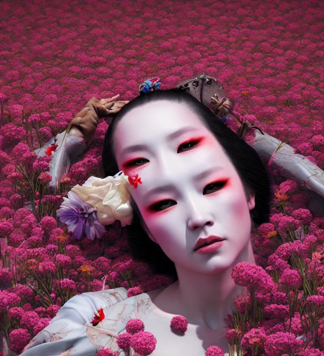 Image similar to baroque portrait of a geisha android berserker designed by vitaly bulgarov who is lying down in a river made of thousand of flowers, photorealistic, octane render, 8 k, depth of field