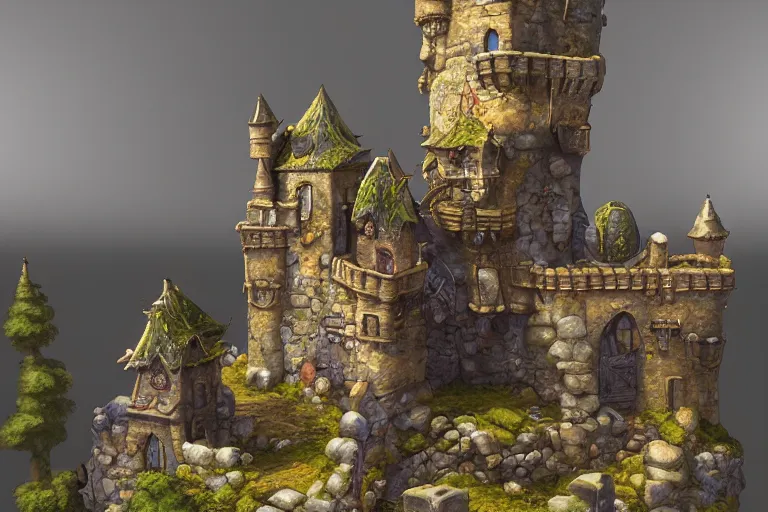 Prompt: A miniature castle, by Justin Gerard and Tyler Edlin. Artstation, Octane Render, bloom effect