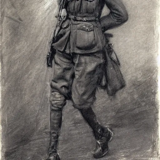 Image similar to ww 1 action heroine, by alfred stevens in charcoal