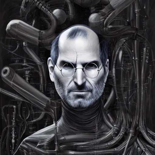 Image similar to concept art of ( ( steve jobs ) ) being merging with biological hacking by giger and jama jurabaev, still film, cinematic shot, brush hard, artstation, for aaa game, high quality, brush stroke