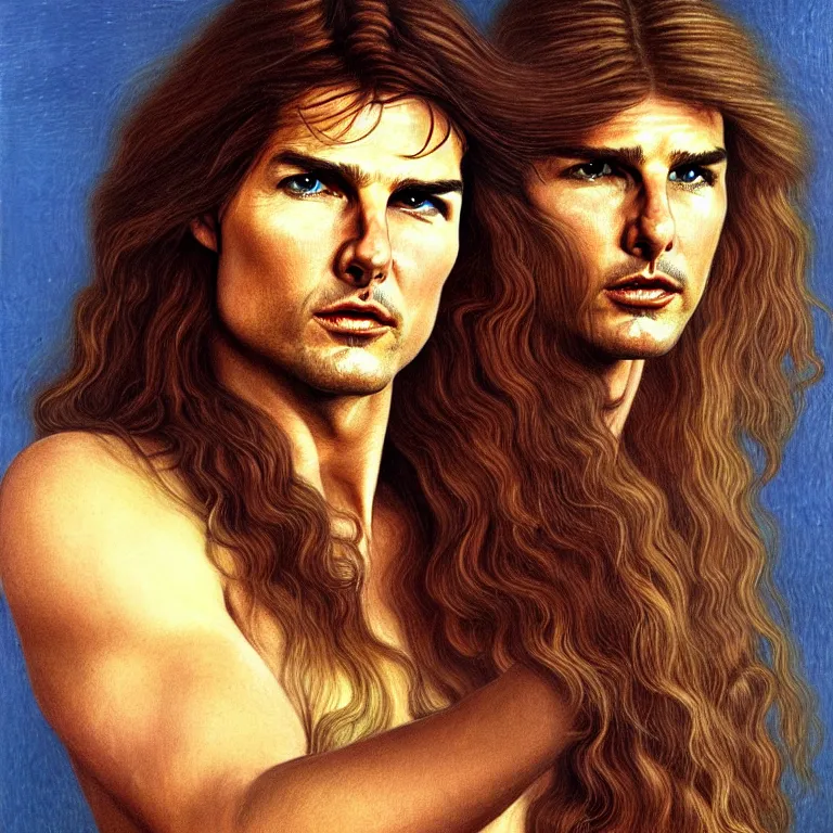 Image similar to Pre-Raphaelite portrait of Tom Cruise as the leader of a cult 1980s heavy metal band, with very long blond hair and grey eyes