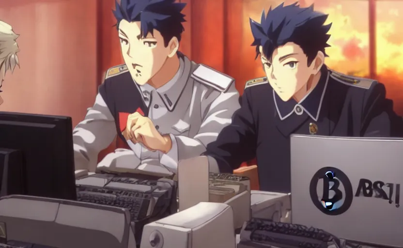 Prompt: a still shot from anime with angry realistic josef stalin trading bitcoin in front of computer, finely detailed features, closeup at the faces, perfect art, gapmoe yandere, trending on pixiv fanbox, painted by craig mullins makoto shinkai takashi takeuchi studio ghibli, akihiko yoshida,