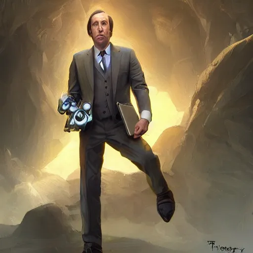 Image similar to Movie still of Saul Goodman in a mech holding a phone, fantasy, highly detailed, digital painting, artstation, concept art, sharp focus, illustration, art by Tony Sart and artgerm and randy vargas