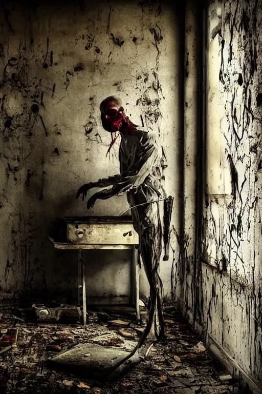 Prompt: an insane doctor in an abandoned surgery theatre, dirty, old blood stains, rusted surgery tools, creepy twisted man in a surgical gown and mask, ominous vibe, creepypasta, abandoned places, high resolution photograph