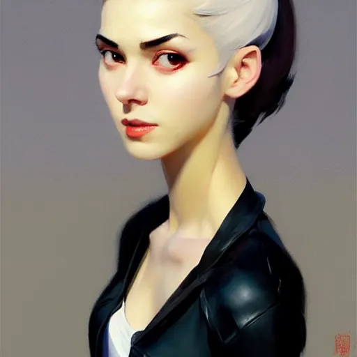 Image similar to greg manchess portrait painting of white pale skinny young girl with black hime haircut as overwatch character, medium shot, asymmetrical, profile picture, organic painting, sunny day, matte painting, bold shapes, hard edges, street art, trending on artstation, by huang guangjian and gil elvgren and sachin teng