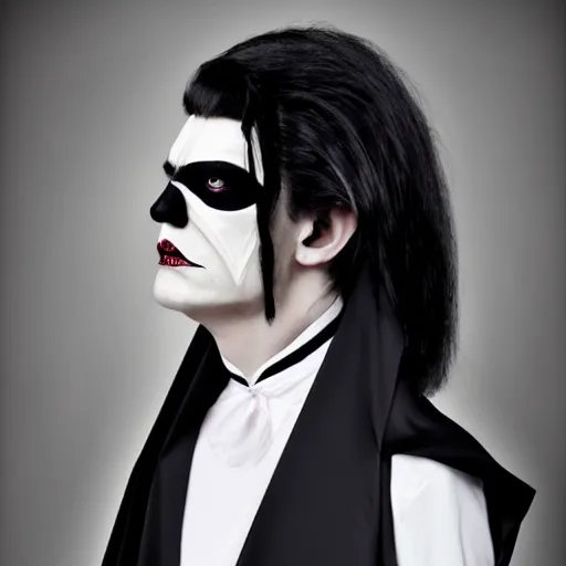 Image similar to a vampire, male, late - 4 0 s aged, long, slicked black hair, clean shaven, wearing a cape, regal, royal, grim facial expression, high fantasy, full color digital art, cinematic shot, full body shot.