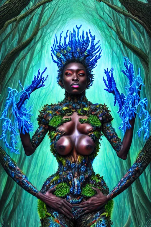 Image similar to hyperrealistic post-maximalist super expressive! black woman with exoskeleton armor, merging with tree in a forest, highly detailed digital art masterpiece smooth cam de leon hannah yata dramatic pearlescent blue teal light ground angle hd 8k sharp focus