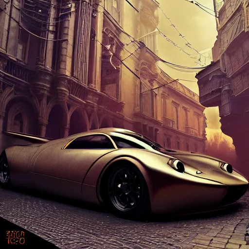 Image similar to cyber vintage supercar slick, warm tones : by michal karcz, daniel merriam, victo ngai and guillermo del toro : ornate, dynamic, particulate, intricate, elegant, highly detailed, centered, artstation, smooth, sharp focus, octane render