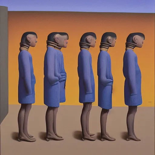 Prompt: a painting of a group of people standing in a line, a surrealist painting by george tooker, reddit, cynical realism, dystopian art, surrealist, academic art