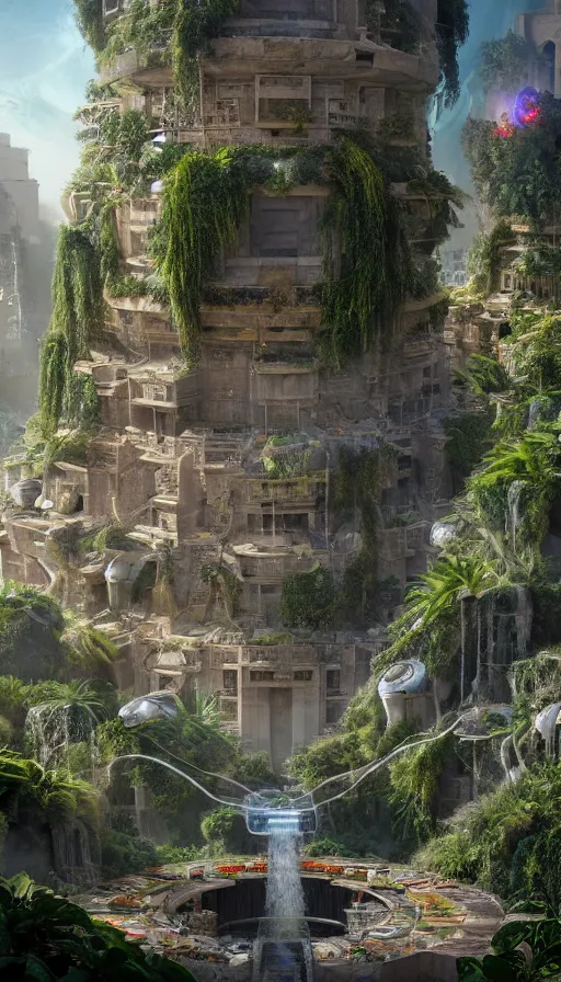 Image similar to a futuristic Hanging Gardens of Babylon with a future scifi ancient god on the middle holding a portal that's about to explode, sweat drops, insane, intricate, highly detailed, oil painting, smooth, sharp focus, Unreal Engine 5, 8K, art by Diego Velázquez