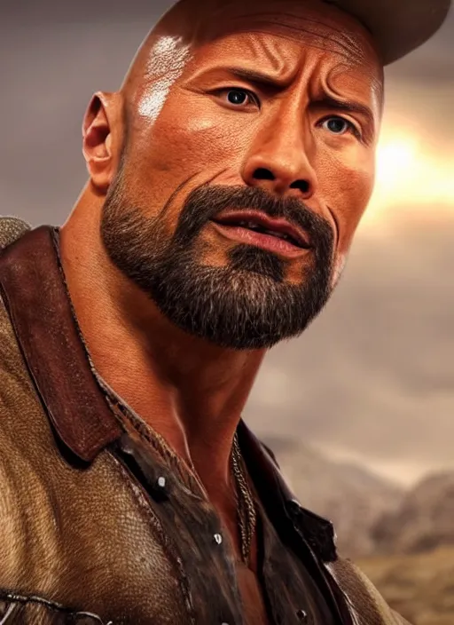 Image similar to an film still of dwayne johnson as cowboy with beard, western background, unreal engine. amazing likeness. very detailed.