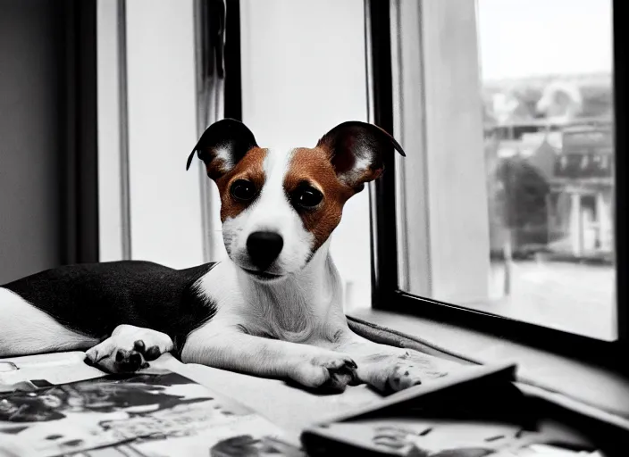 Image similar to photography of a Jack Russel . watching outside the window. on a bed. in a 70's room full of vinyls and posters, photorealistic, award winning photo, 100mm, sharp, high res